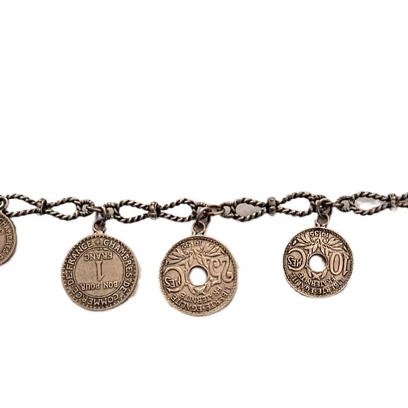 Vintage 7 Inch 5 French Coins Rope Chain Charm Silver Tone Bracelet - Picture 3 of 9